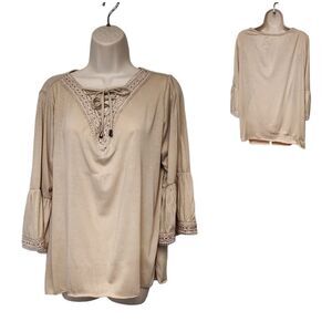 New York Laundry Loose Fit Blouse 3/4 Bell Sleeve Lace Accent Sz M Color Beige